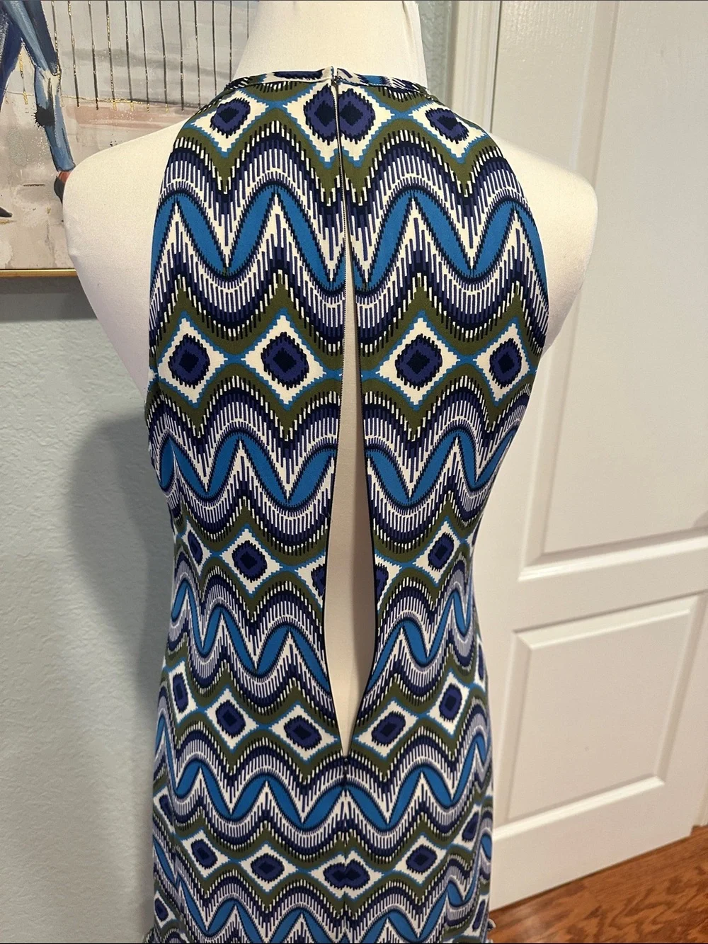 Tory Burch Sz 6 100% Silk Blue & Olive Wave-Print Halter Mini Dress • NEW!